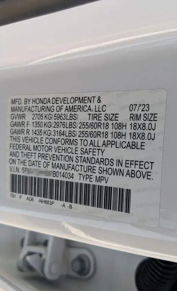 Honda Pilot vehicle Information placard