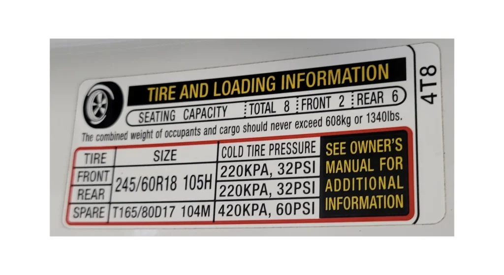 Tire and Load Capacity Sticker on Honda Pilot